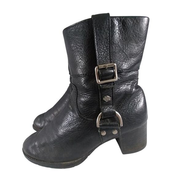 HARLEY DAVIDSON! BLACK GENUINE LEATHER BUCKLE & HARNESS ANKLE BOOTS! SZ 8M - Picture 1 of 13